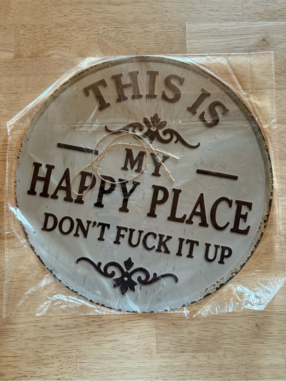 Round Wall Sign "This Is My Happy Place" - Neutral Beige and Dark Brown